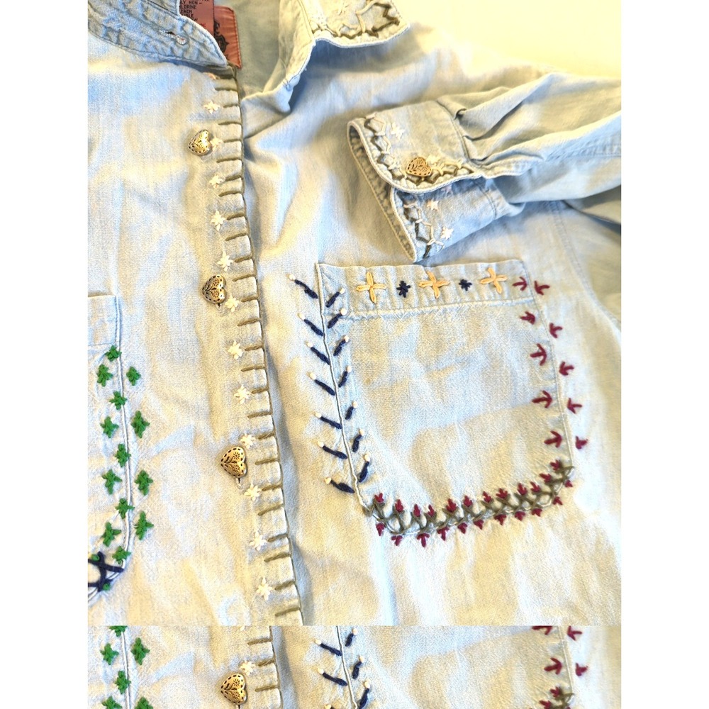 Vtg 70's Women Embroidered Chambray Shirt 6 Heart Buttons Lg Sleeve Hong Kong